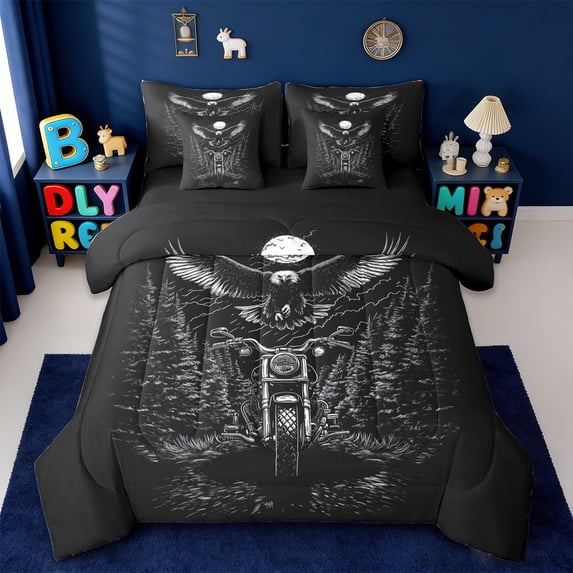 Erosebridal Motorcycle 7-Piece Bedding Comforter Set,American Eagle Animals King Bedding Sets For Bots Adults,Reversible