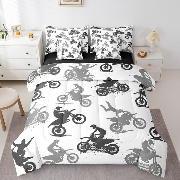 Erosebridal Motorcycle Print Bed in a Bag, Extreme Sport Bed Set, Dirt Bike Lover Reversible Comforter Sets, Microfiber Bedroom Decoration, 7pcs
