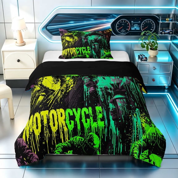 Erosebridal Motorcycle Twin Comforter Sets, Monster Art Bedding Set, Green Monster, Black Reversible 2pcs 1 Comforter and 1 Pillowcase