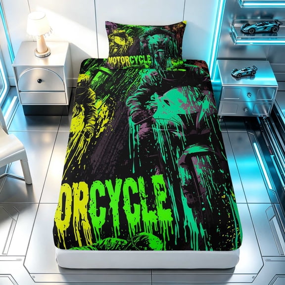 Erosebridal Motorcycle Twin Fitted Sheet, Monster Art Bedding, Green Monster 2pcs 1 Fitted Sheet and 1 Pillowcase