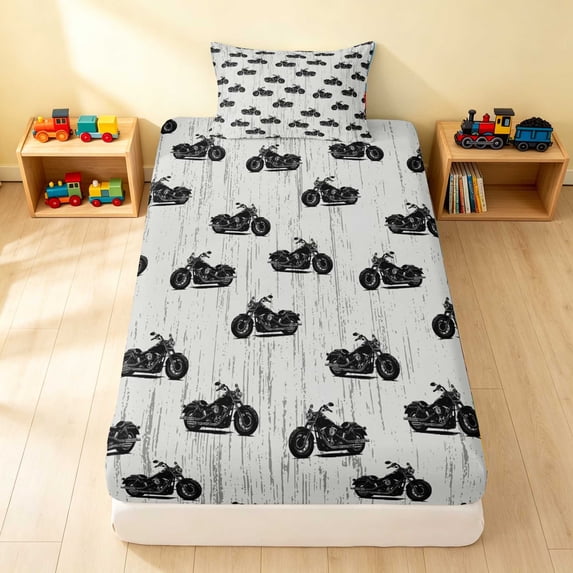 Erosebridal Motorcycle Twin Fitted Sheet, White Background Bedding, White Pattern 2pcs 1 Fitted Sheet and 1 Pillowcase