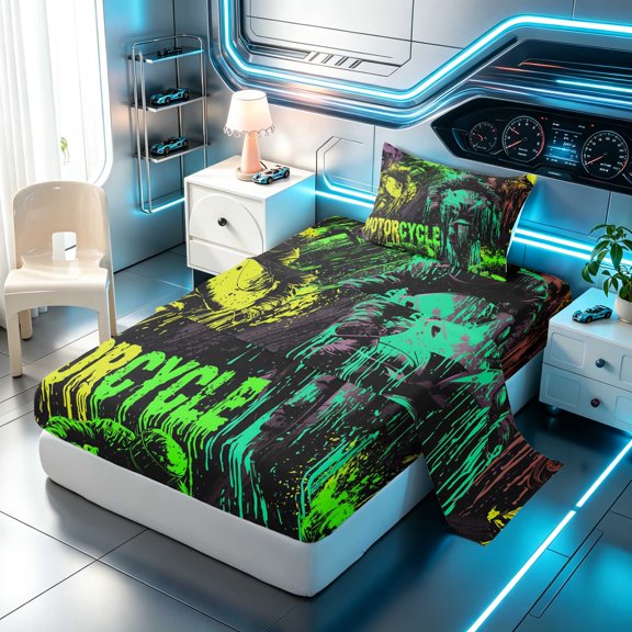 Erosebridal Motorcycle Twin Sheets, Monster Art Bedding, Green Monster 3pcs (1 Flat Sheet, 1 Fitted Sheet and 1 Pillowcase)