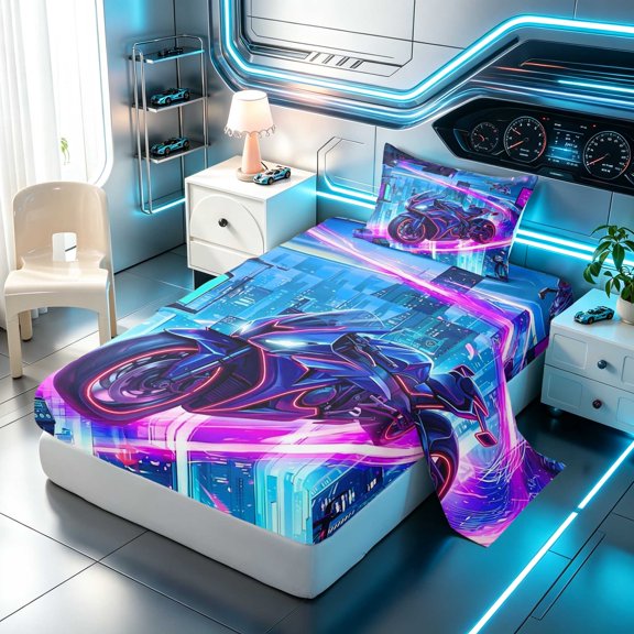 Erosebridal Motorcycle Twin Sheets, Neon City Bedding, Neon City 3pcs (1 Flat Sheet, 1 Fitted Sheet and 1 Pillowcase)