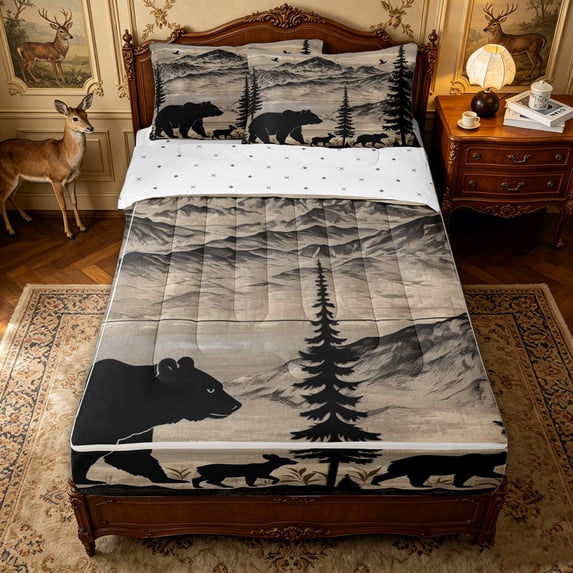 Erosebridal Mountain Bear Wildlife Zipper Full Size Comforter Sets with Fitted Sheet and 2 Pillowcases for Boys Men, Coniferous Tree Print Zipper Bedding Set, Beige, Reversible, 4-Piece