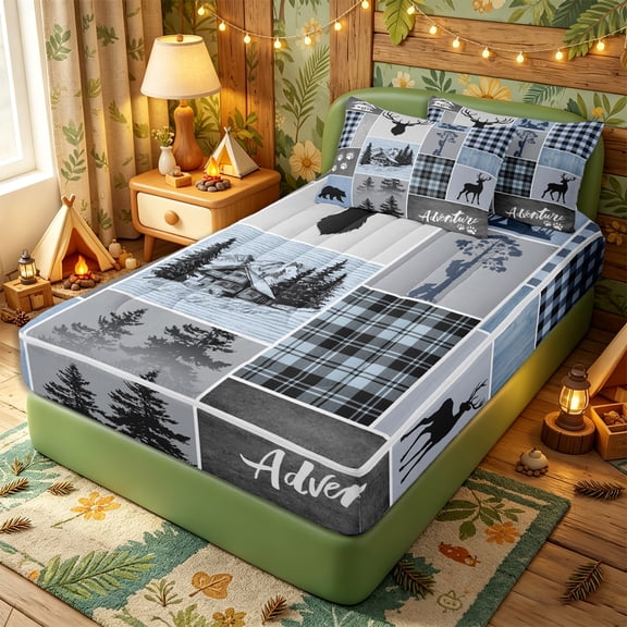 Erosebridal Mountain Cabin Adventure Patchwork Zipper Twin Comforter Sets with Fitted Sheet and 2 Pillowcases,Bear Moose Plaid Tree Accent Zipper Bedding Set,Blue Gray,4-Piece,Reversible