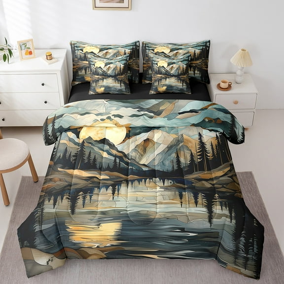 Erosebridal Mountain Lake Bed in a Bag Twin size, Mystic Moon Bedding Sets Twin Size, Nature Scenery Reversible Comforter Sets with Sheets, Ultra Soft Room Decoration, 7 Pieces