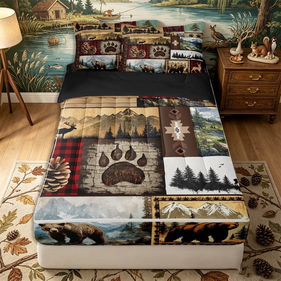 Erosebridal Mountain Timber Pattern Zipper Full Size Comforter Sets with Fitted Sheet and 2 Pillowcases,Pinecone Paw Print Zipper Bedding Set,Red Tan Teal,Black Reversible