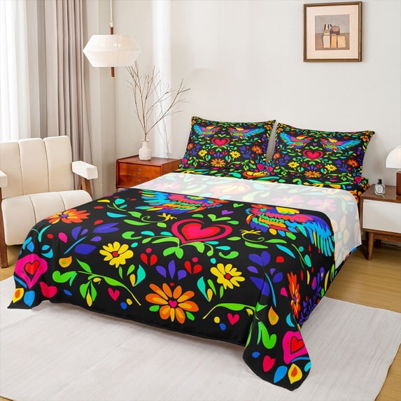 Erosebridal Multicolor Cute Birds Full Size Sheets,Rainbow Flowers Red Loves Bed Sheets For Teens 4-Piece