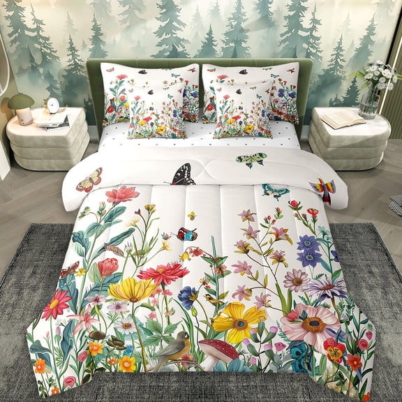 Erosebridal Multicolor Flowers Bedding Twin Size,Hummingbird Butterfly Bed Set,Botanical Floral Bedding Sets Twin Size,Lightweight Bedroom Decorative Reversible,7pcs