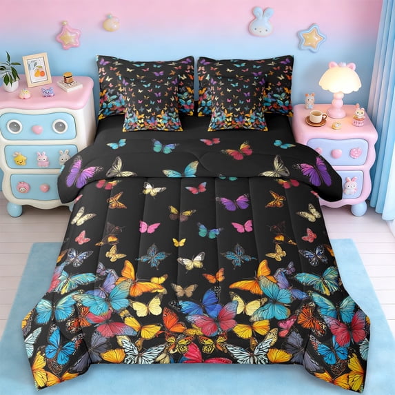 Erosebridal Multicolor Kawaii Butterflies 7-Piece Twin Bedding Sets,Wild Animals Bedding Comforter Set For Girl Kids,Reversible
