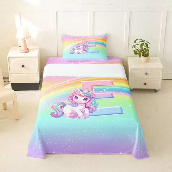 Erosebridal Multicolor Letter E Twin Sheet Sets,Pink Unicorn Animal Cute Rainbow Bedding For Girls Kids 3pcs