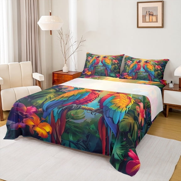 Erosebridal Multicolor Parrot King Sheet Sets,Jungle Birds Bedding King Size,Palm Monstera Leaves Bed Sheets Set King Size,Breathable Room Decoration,4 Pieces