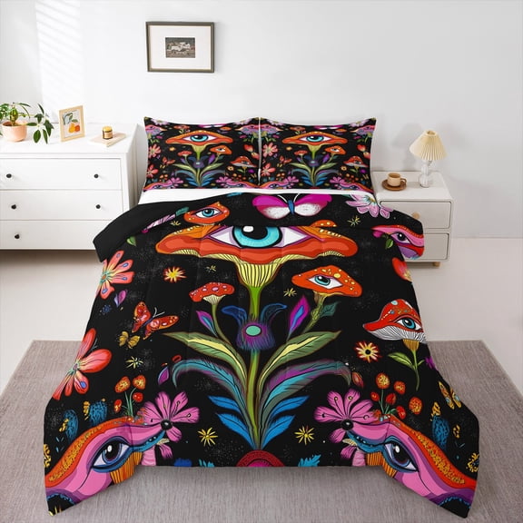 Erosebridal Mushroom Bedding Set King Women Trippy Cute Flowers Comforter Set Colorful Hippy Quilted Comforter Black Botanical Theme Eyes 3D Galaxy Pattern Printed Quilt Duvet Soft Warm