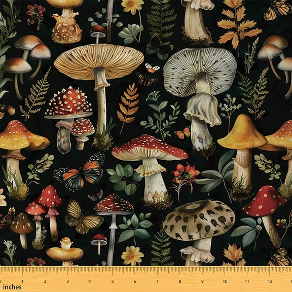 Erosebridal Mushroom Fabric By The Yard,Botanical Fungus Upholstery Fabric,Wild Plants Decorative Fabric,Farmhouse Green Leaves Indoor Outdoor Fabric,Yellow Black,3 Yards
