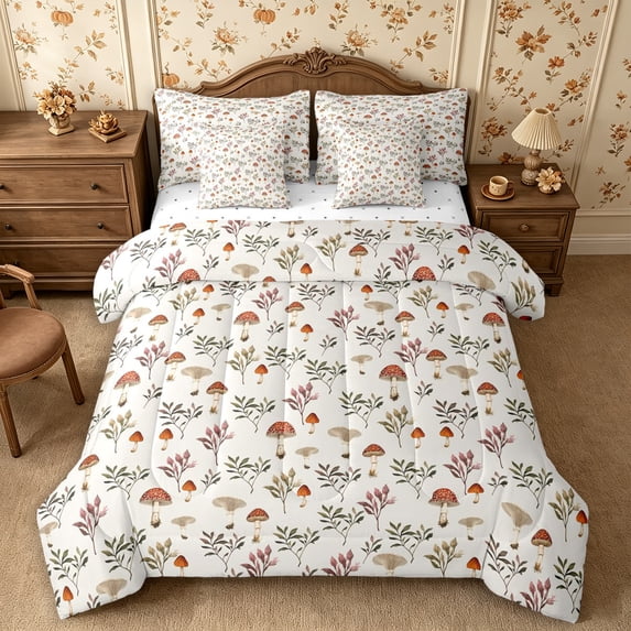 Erosebridal Mushroom Woodland Queen Bedding 7pcs,Forest Botanicals Bedding Comforter Set Queen,White Grey,Reversible