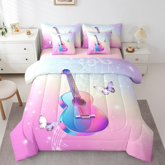 Erosebridal Music Guitar Bed in a Bag Twin Size,Modern Musical Bed Set,Gradient Butterfly Bedding Twin Size For Girls,Super Cozy Princess Room Decorative Reversible,7 Pieces