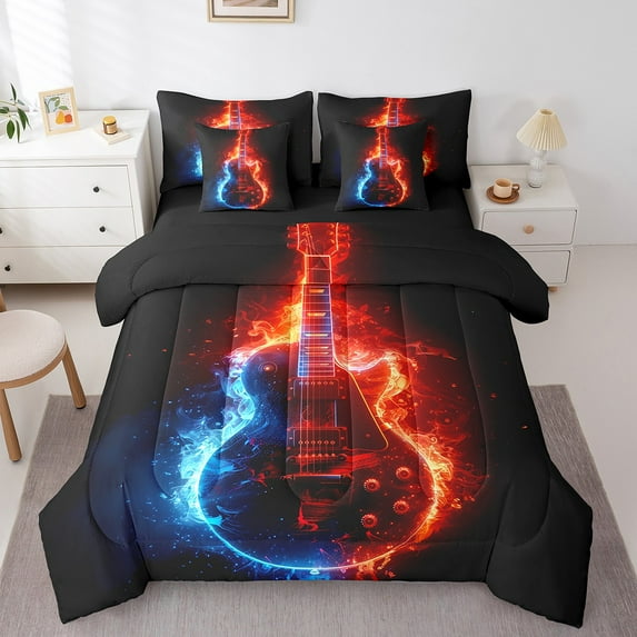 Erosebridal Music Guitar Bedding Sets Twin Size, Ice Fire Comforter Sets with Sheets, Funk Disco Decor, Reversible 7 Pieces