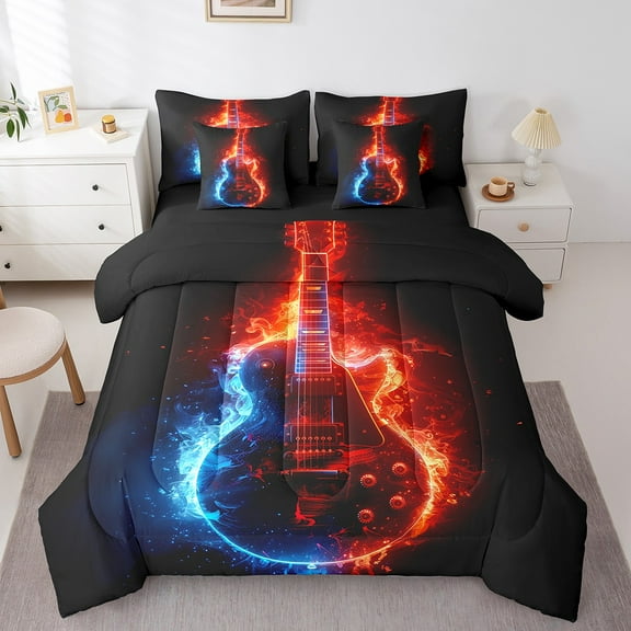 Erosebridal Music Guitar Bedding Sets Twin Size, Ice Fire Comforter Sets with Sheets, Funk Disco Decor, Reversible 7 Pieces