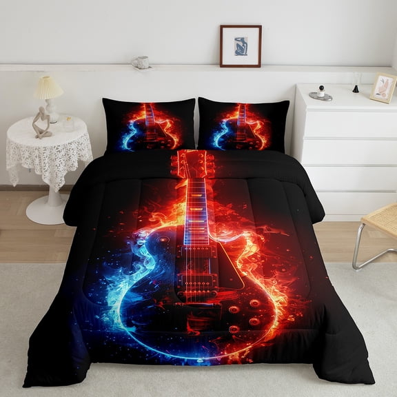 Erosebridal Music Guitar Bedding Sets Twin with Comforter, Ice Fire Duvet Insert, Funk Disco Decor, Lightweight 2 Pieces