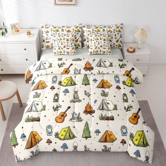 Erosebridal Music Guitar Cartoon Tent Twin Bedding Sets 7-Piece For Boys Girls,Kids Teens Happy Camping Bedding Comforter Set,Grey Reversible