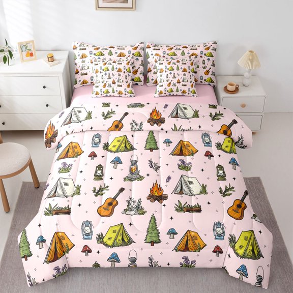 Erosebridal Music Guitar Cartoon Tent Twin Bedding Sets 7-Piece For Boys Girls,Kids Teens Happy Camping Bedding Comforter Set,Pink Reversible