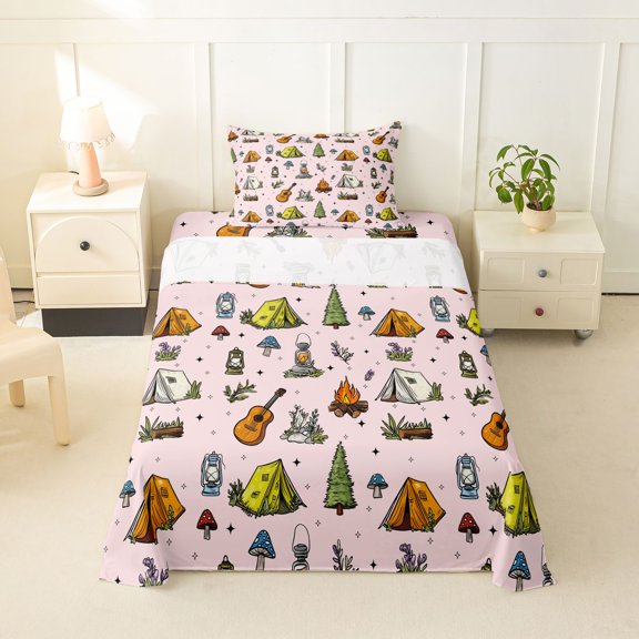 Erosebridal Music Guitar Cartoon Tent Twin Sheet Sets 3pcs For Boys Girls,Kids Teens Happy Camping Bedding