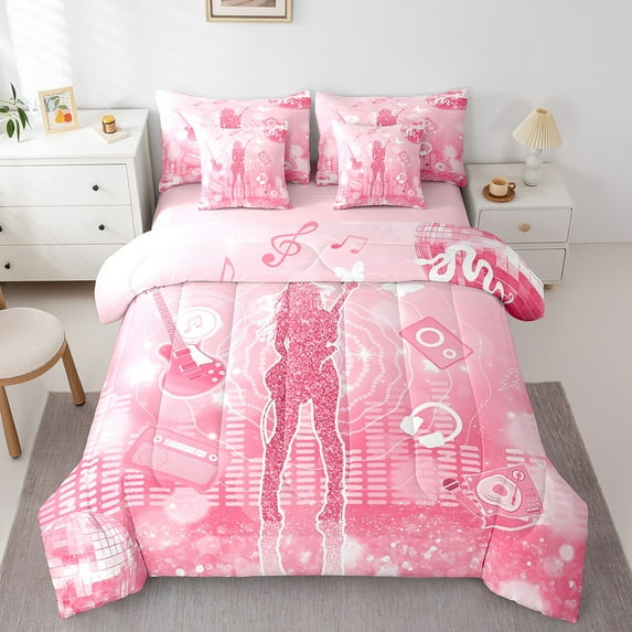 Erosebridal Music Lover Bedding Sets Full Size, Pop Princess Bedding Full Size, Sequin Print Reversible Comforter Sets with Sheets, Ultra Soft Bedroom Decoration, 7-Piece