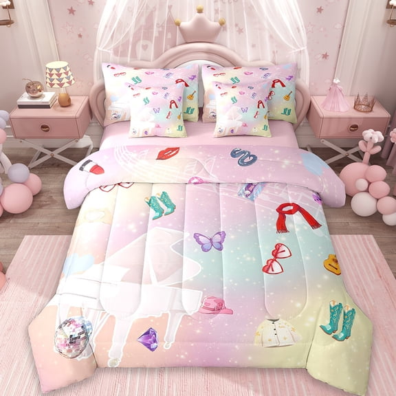 Erosebridal Music Musician Bed in a Bag Twin Size,Instrument Piano Bed Set,Glitter Rainbow Bedding Twin Size,Microfiber Bedroom Decor Reversible,7 Pieces