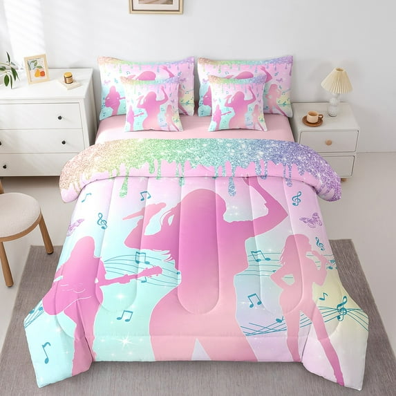Erosebridal Music Superstar Bedding Sets King Size,Musical Notes Bed in a Bag King size,Bling Glitter Bedding King Size,Ultra Soft Butterfly Room Decor,Reversible,7 Pieces