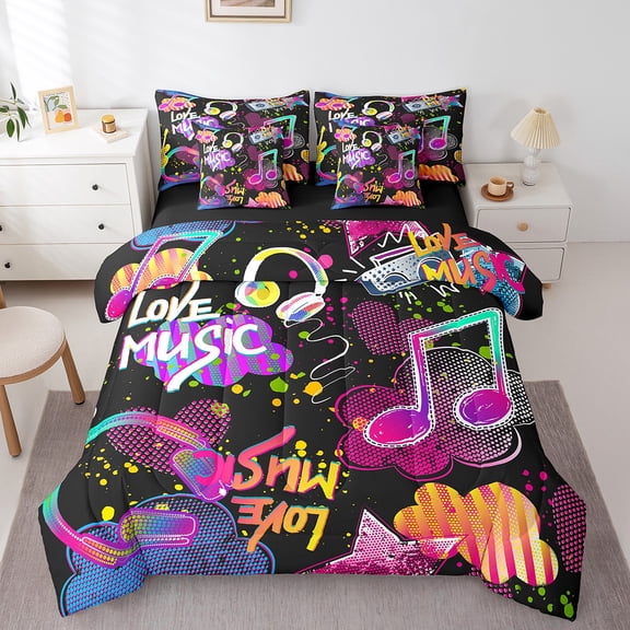 Erosebridal Music Theme Bed in a Bag Twin Size,Graffiti Hippie Bed Set,Heart Stars Clouds Bedding Twin Size For Girls,Microfiber Bedroom Decorative Reversible,7 Pieces