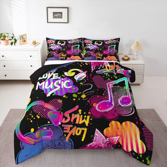 Erosebridal Music Theme Bedding Queen Comforter Set,Graffiti Hippie Down Comforter,Heart Stars Clouds Bedding Sets Queen with Comforter For Girls,Microfiber Bedroom Decorative Reversible,3 Pieces