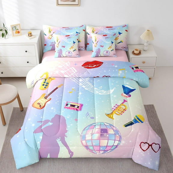 Erosebridal Musical Instrument Guitar Bedding Sets Twin Size,Music Notes Comforter Sets with Sheets,Princess Stars Bed in a Bag Twin Size,Lightweight Room Decorative Reversible,7-Piece
