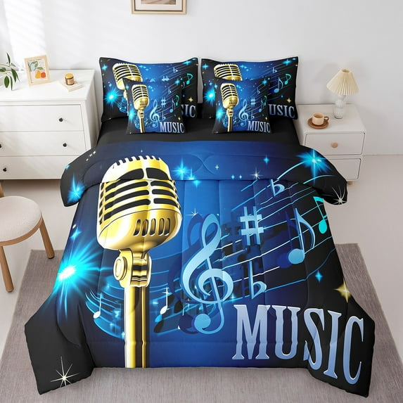Erosebridal Musical Notes Bedding Sets Twin Size,Music Theme Comforter Sets with Sheets,Golden Microphone Bed in a Bag Twin size,Microfiber Melody Room Decorative,Reversible,7pcs