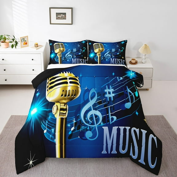Erosebridal Musical Notes Comforter Sets Queen Size,Music Theme Bedding Queen Comforter Set,Golden Microphone Duvet Insert,Microfiber Melody Room Decorative,Reversible,3 Pieces