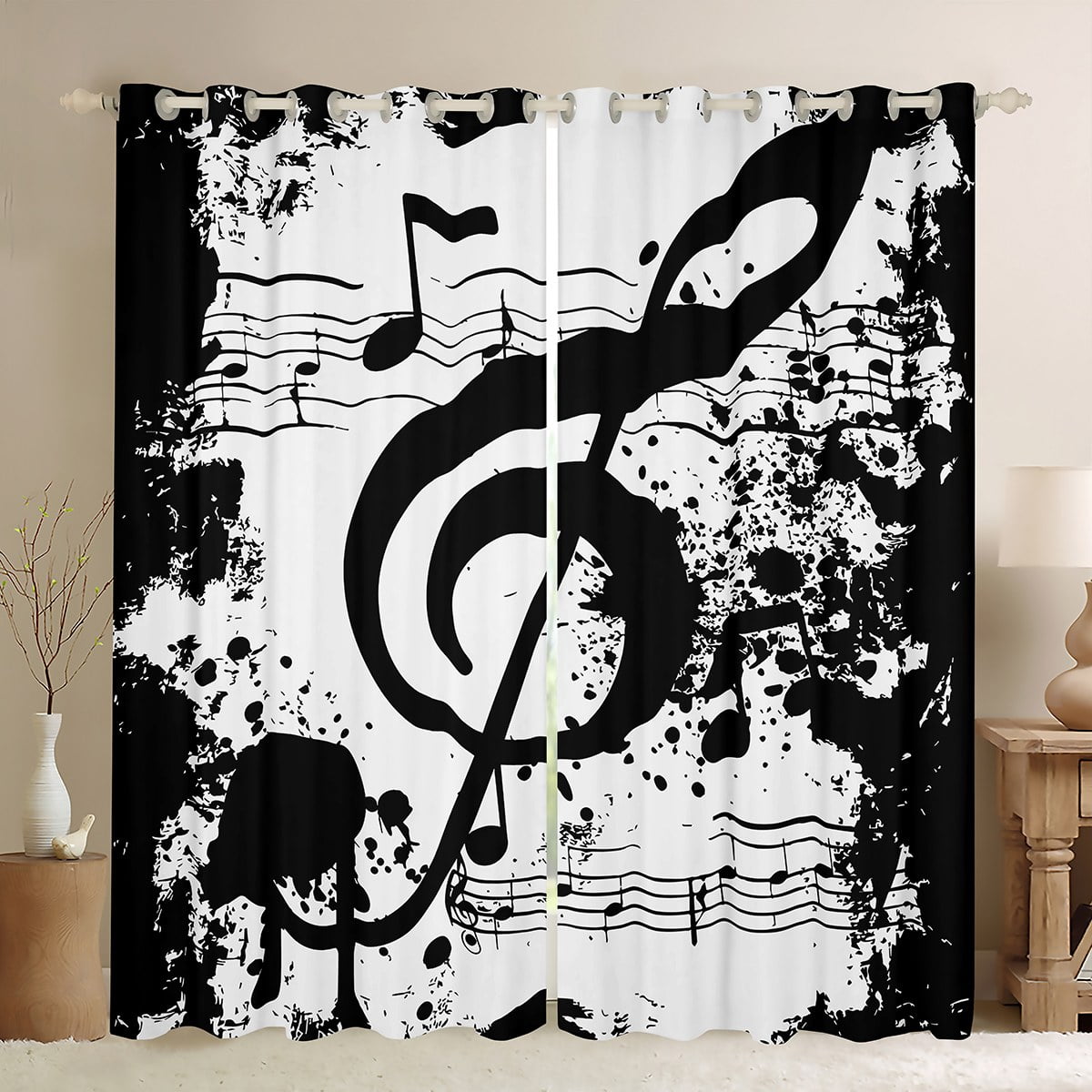 Erosebridal Musical Notes Curtains Pack of 2 (38x45), Melody Theme 30%-50% Black Out Curtains, Black White Bedroom Decorative