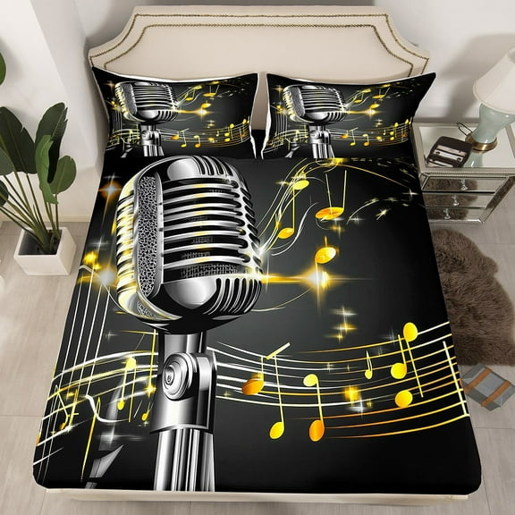 Erosebridal Musical Notes Fitted Sheet Full, 3D Microphone Bedding Full Size, 3 Piece (Fitted Sheet, Pillowcase)s (Fitted Sheet, Pillowcase), No Top Sheet