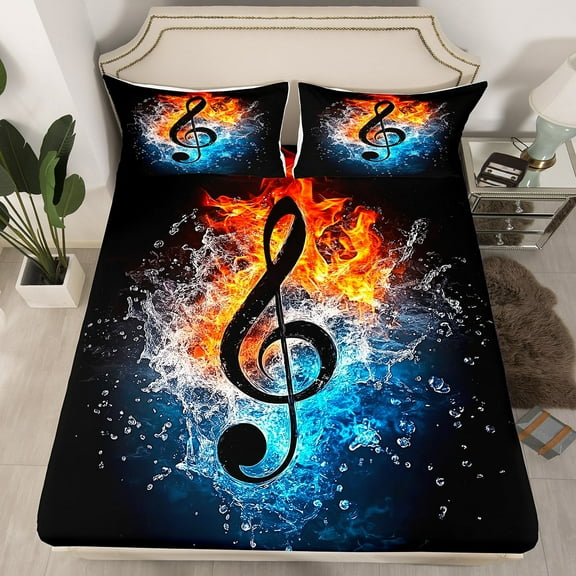 Erosebridal Musical Notes Fitted Sheet Set Twin,Abstract Water Fire Bedding Twin Size,Melody Bedroom Decor,Breathable,2pcs(No Top Sheet)