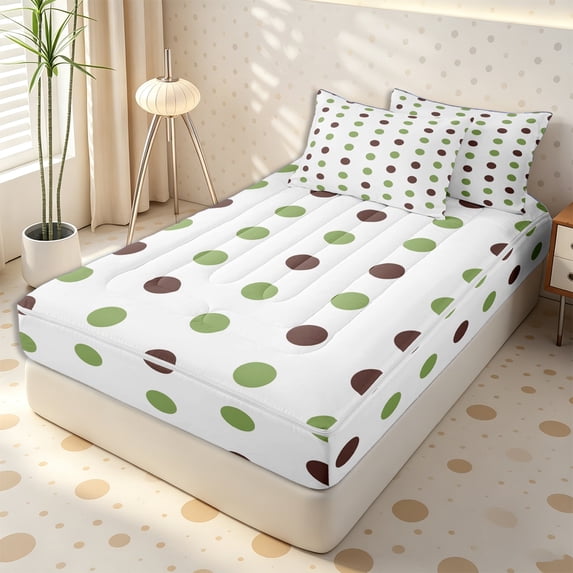 Erosebridal Muted Earth Green Dot Tile Zipper Full Size Comforter Sets with Fitted Sheet and 2 Pillowcases,Shaded Brown Circle Secondary Grid Zipper Bedding Set,Sage Ivory,4pcs,Reversible