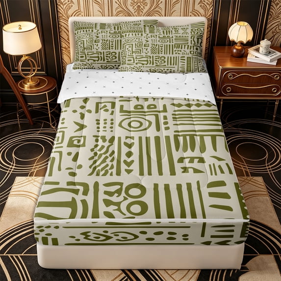 Erosebridal Muted Tribal Pattern Zipper Twin Comforter Sets with Fitted Sheet and 2 Pillowcases,Hand Made Symbol Print Zipper Bedding Set,Olive Green,Reversible