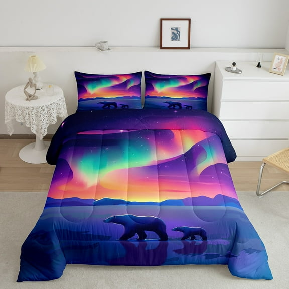 Erosebridal Mystic Aurora Bedding Sets Full with Comforter, Polar Bear Duvet Insert, Kawaii Animal Reversible Comforter Sets Full Size, Super Cozy Room Decorative, 3 Pieces
