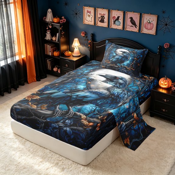 Erosebridal Mystic Raven Twin Sheets, Night Glow Galaxy Bedding, Navy Blue, Black Reversible, 3-Piece, 1 Flat Sheet, 1 Fitted Sheet and 1 Pillowcase