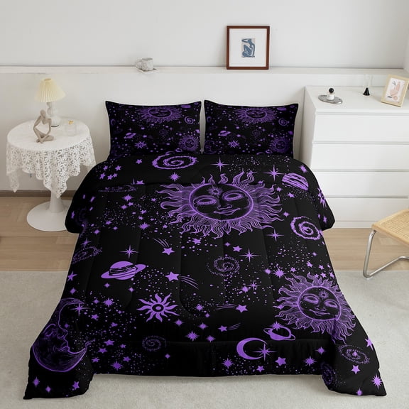 Erosebridal Mystic Starry Sky Comforter Sets Queen Size, Sun Moon Comforters & Duvets, Spaceship Reversible Duvet Insert, Lightweight Room Decorative, 3 Pieces