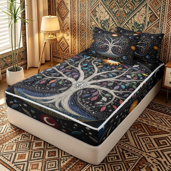 Erosebridal Mystical Celestial Tree of Life Zipper Twin Comforter Sets with Fitted Sheet and 2 Pillowcases,Starry Moon Phase Galaxy Zipper Bedding Set,Black Gold Blue,4-Piece,Black Reversible