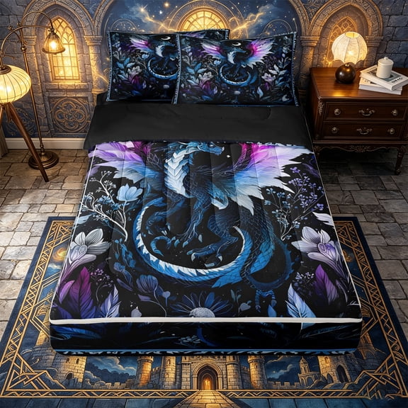 Erosebridal Mystical Fantasy Winged Dragon Pattern Zipper Twin Comforter Sets with Fitted Sheet and 2 Pillowcases,Night Floral Print Zipper Bedding Set,Indigo Purple Black,Black Reversible