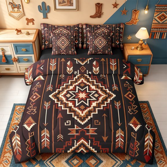 Erosebridal Star Feather 7pcs Queen Bedding,Arrow Tribal Motif Bedding Comforter Set Queen,Black Reversible