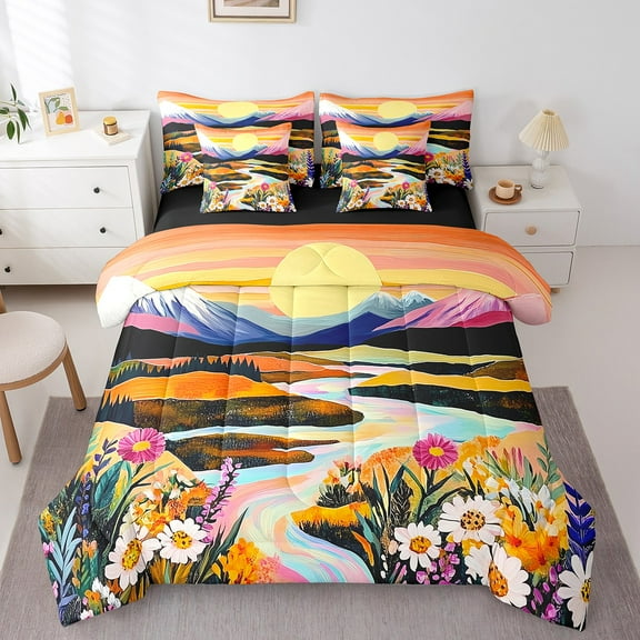 Erosebridal Natural Mountain River Floral Bedding Sets Twin Size, Retro Minimalist Artwork Comforter Sets with Sheets, Breathable 7-Piece