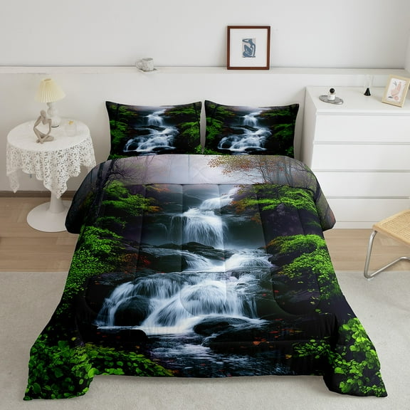 Erosebridal Natural Waterfall Bedding Sets Twin with Comforter, Green Tree Leaves Duvet Insert, Nature Theme Room Decor Breathable 2 Pieces