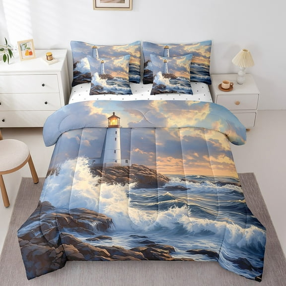 Erosebridal Nature Scenery Bed in a Bag Full size, Coastal Ocean Bed Set, Lighthouse Decor, Reversible 7 Pieces