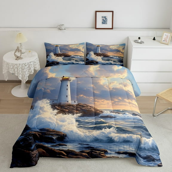 Erosebridal Nature Scenery Bedding Full Comforter Set, Coastal Ocean Down Comforter, Lighthouse Decor, Super Cozy 3 Pieces