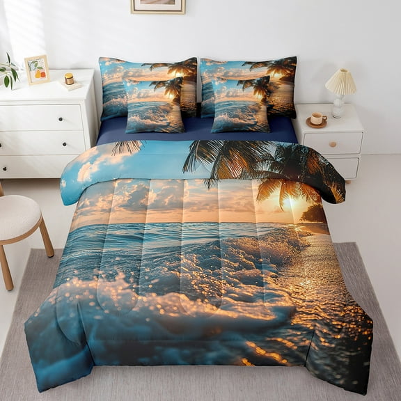 Erosebridal Nature Scenery Bedding Twin Size, Summer Beach Bed Set, Romantic Ocean Reversible Bed in a Bag Twin size, Breathable Room Decor, 7 Pieces